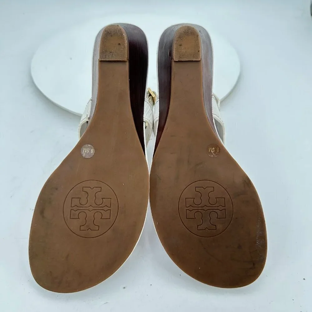 Tory Burch Women Size 8.5M White Leather Robinson T Strap Wedges Sandal